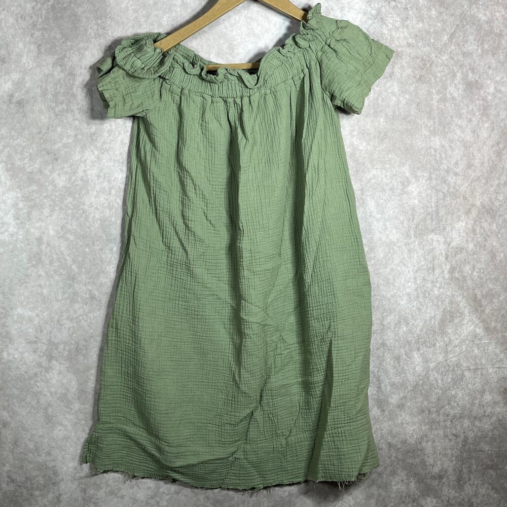 Amadi Nola Mini Dress‎ Womens XS Olive Green Textured Off The Shoulder Raw Hem
